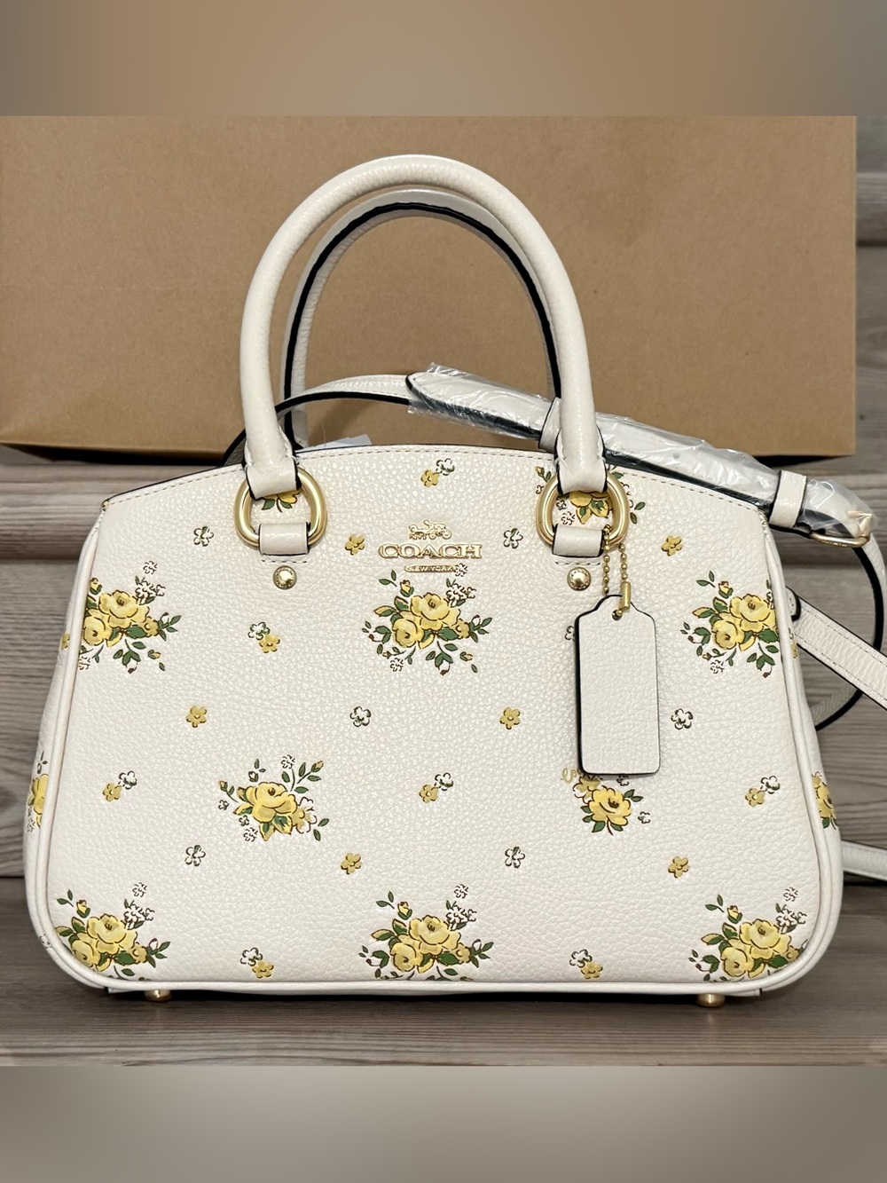 NWT COACH Savannah Small Carryall Bag w/ Floral Print Gold/Chalk CAL42